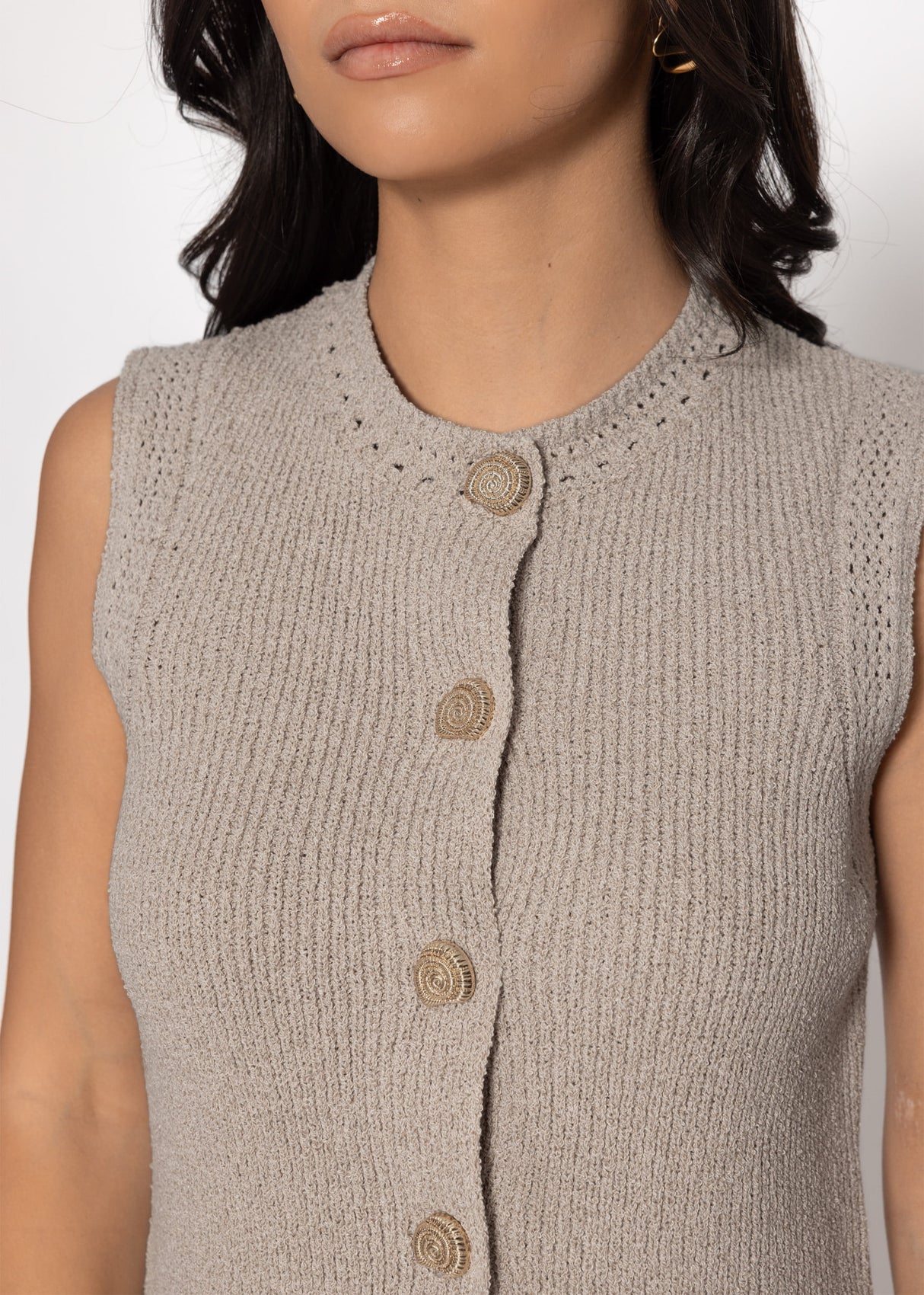 Knitted Top with Shell Buttons - Taupe