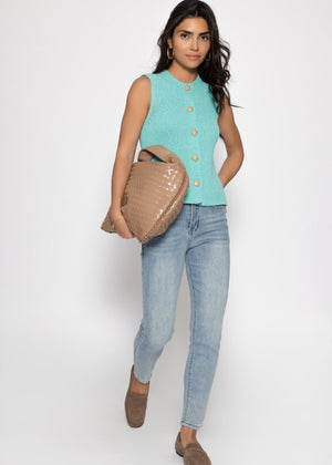 Strick Top mit Muschelknöpfen - türkis