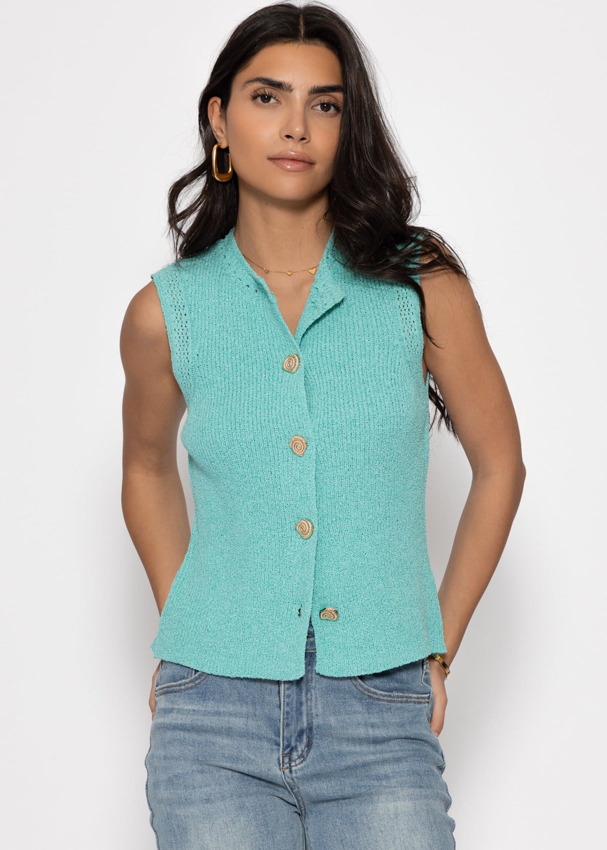 Strick Top mit Muschelknöpfen - türkis