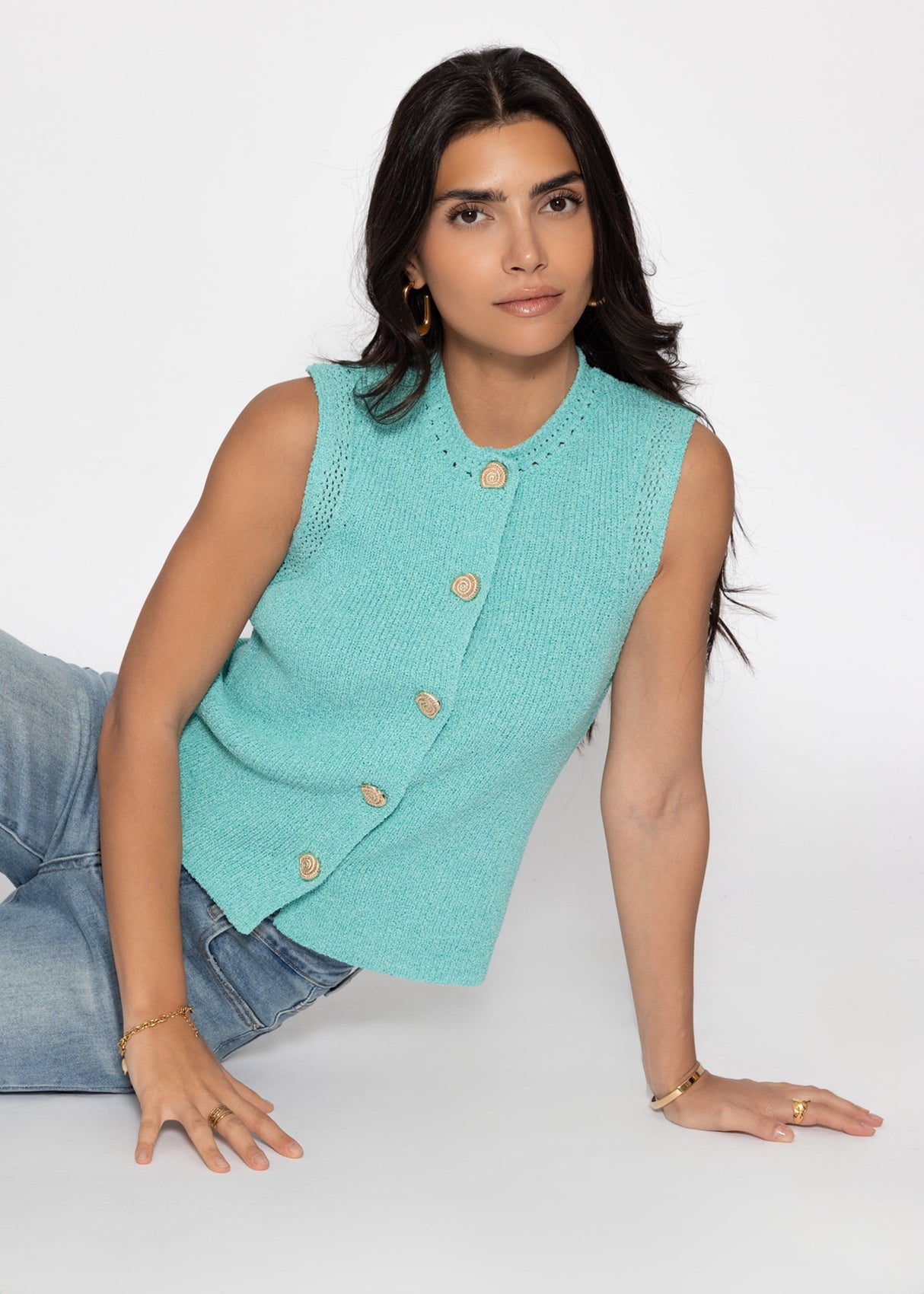 Strick Top mit Muschelknöpfen - türkis