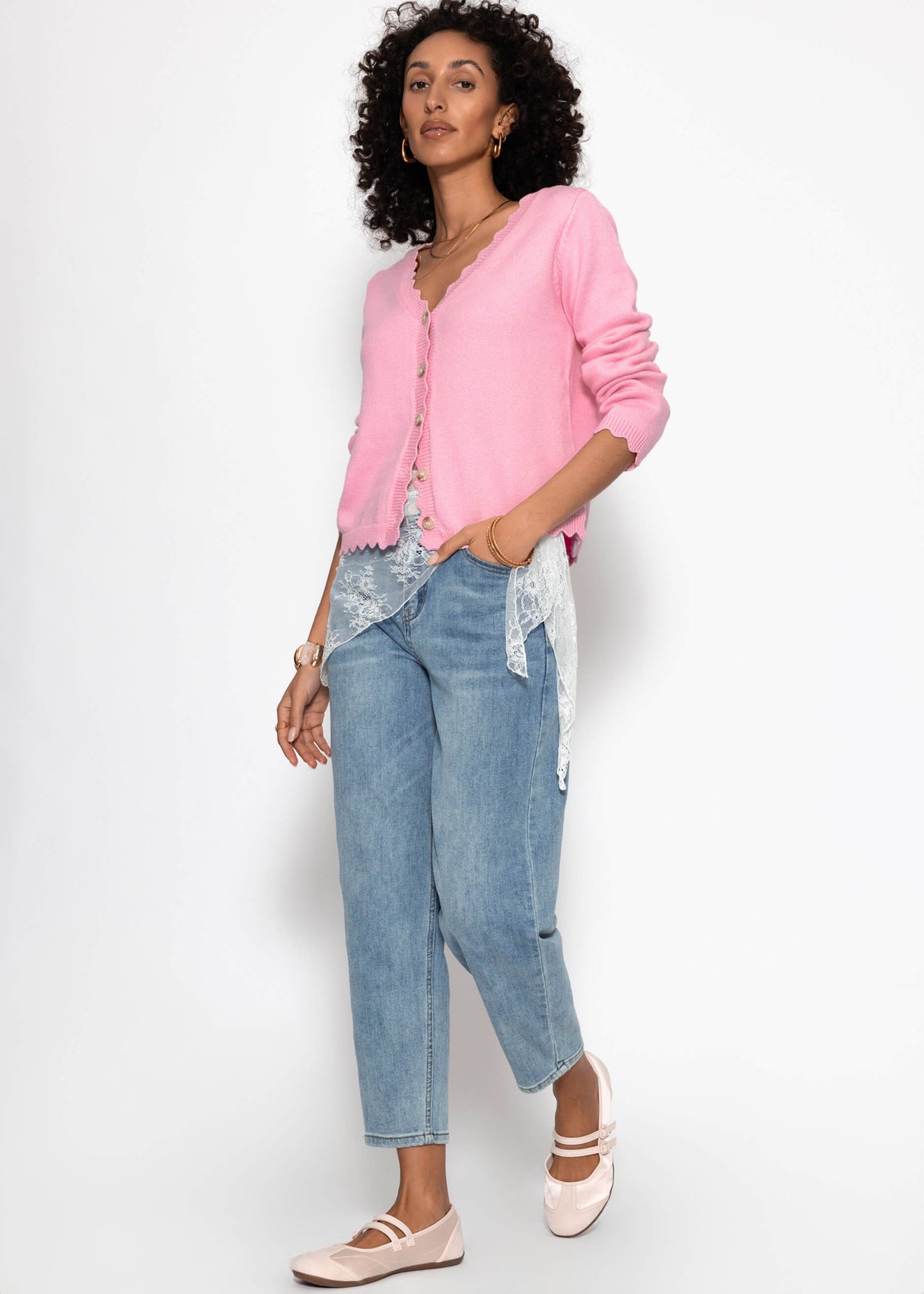 Strickcardigan mit Bogenkante - rosa