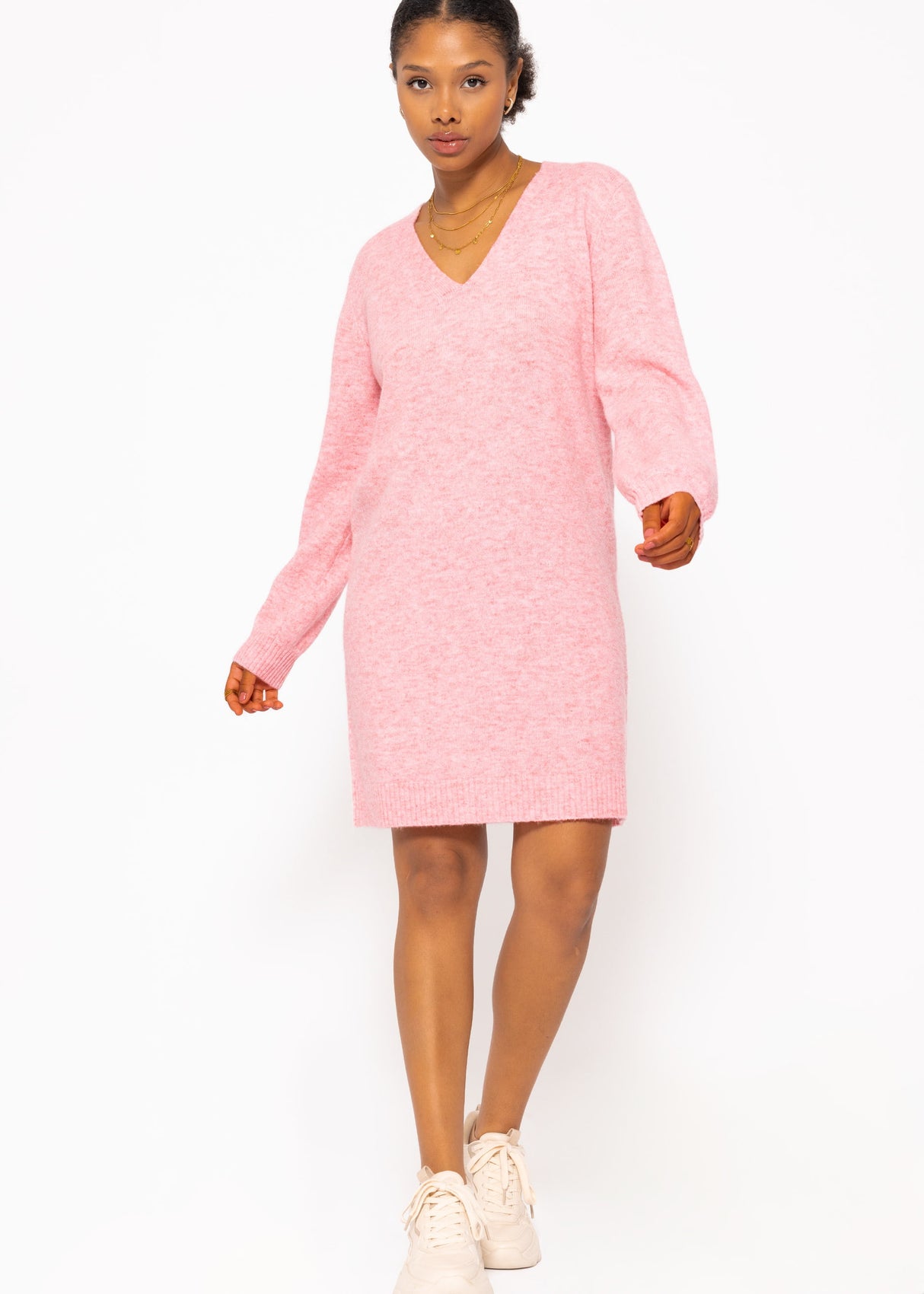 Strickkleid mit V-Ausschnitt - rosa