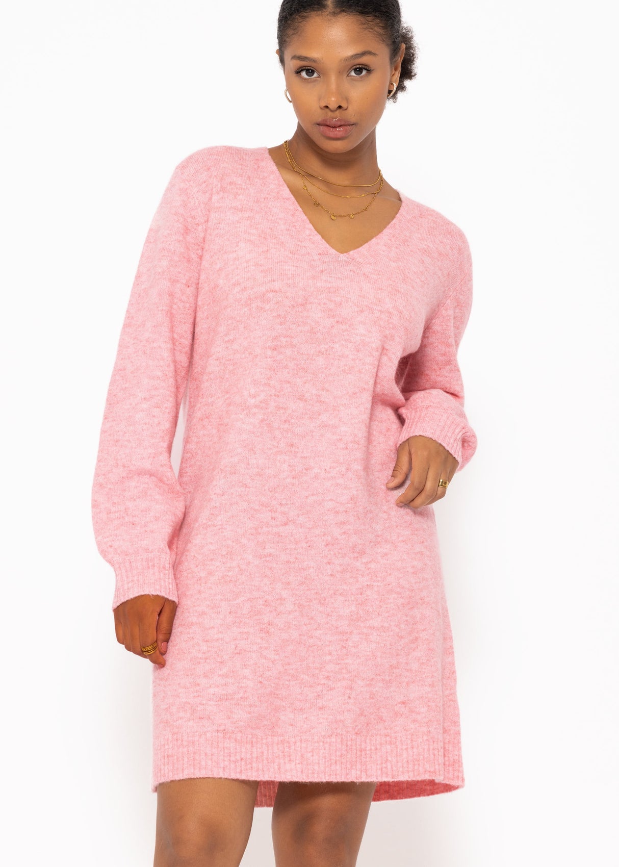 Strickkleid mit V-Ausschnitt - rosa