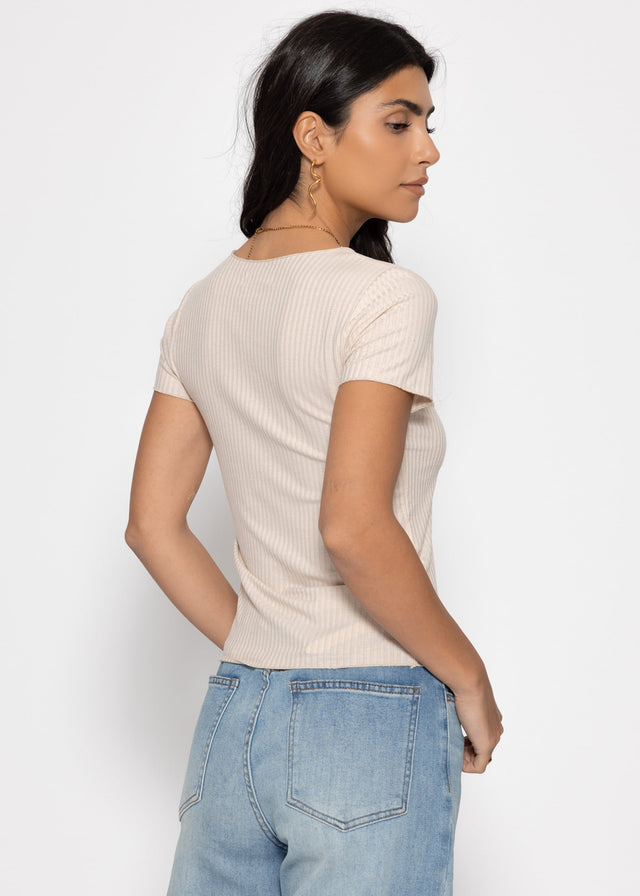 T-Shirt in geripptem Jersey - beige