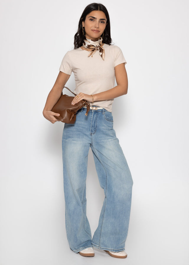 T-Shirt in geripptem Jersey - beige