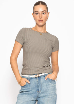 T-Shirt in geripptem Jersey - taupe