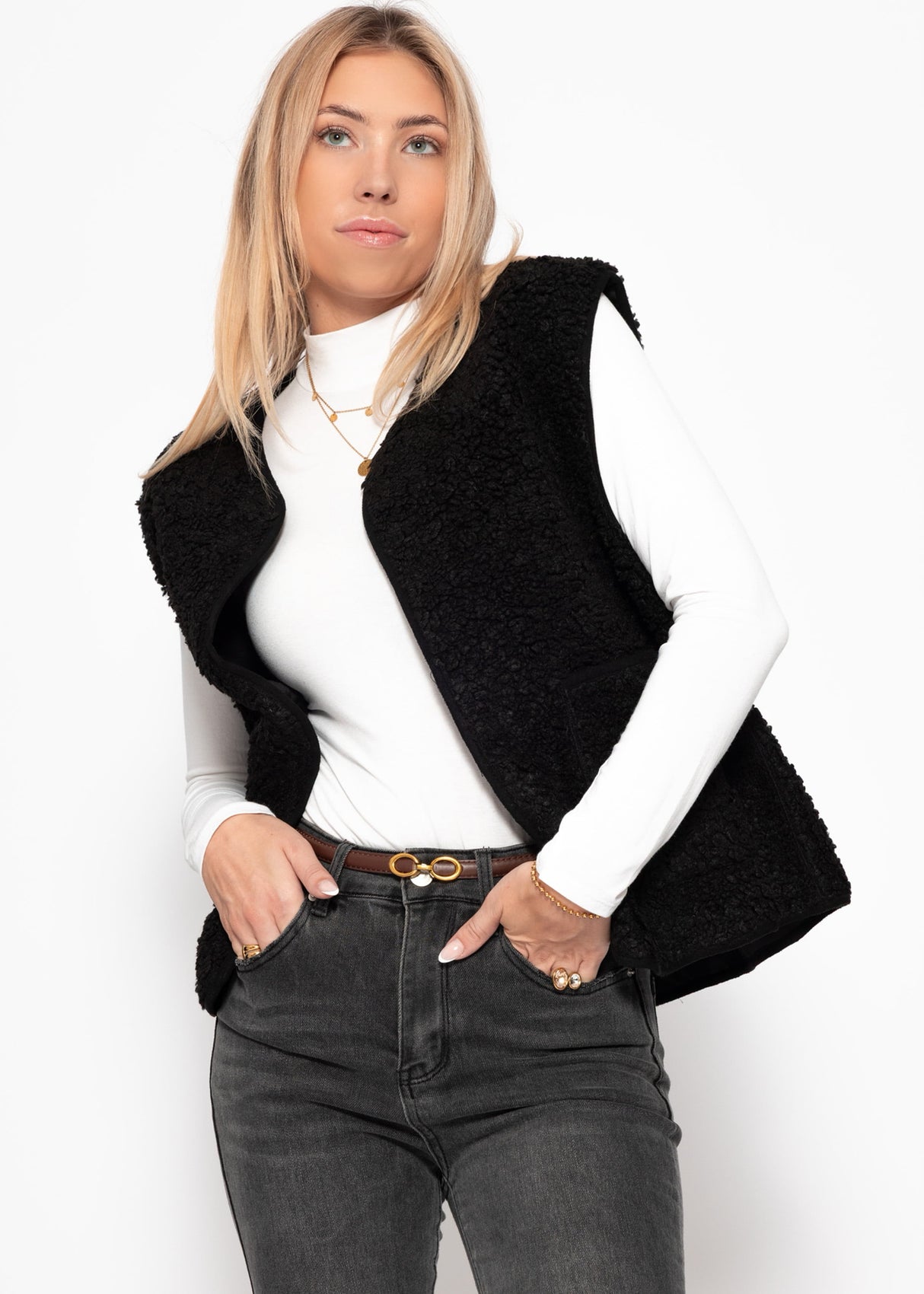 Teddyweste mit Taschen - schwarz