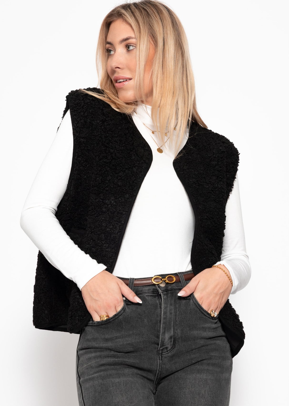 Teddyweste mit Taschen - schwarz