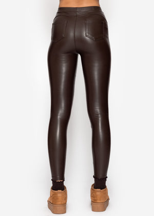 Thermo Lederleggings mit aufgesetzten Taschen, dunkelbraun