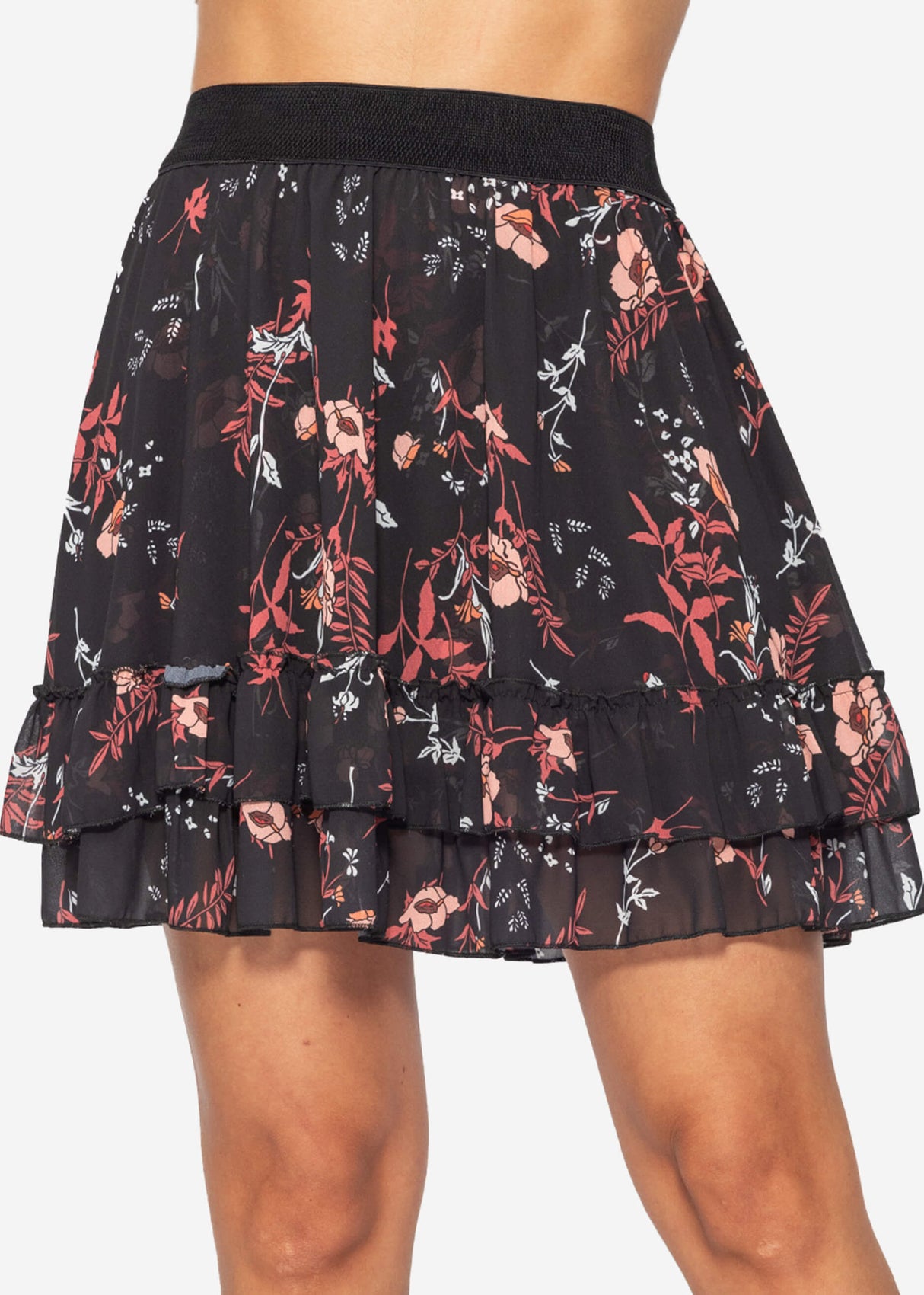 Volants-Rock mit Rüschen und Blumen-Print, schwarz