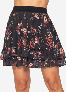 Volants-Rock mit Rüschen und Blumen-Print, schwarz
