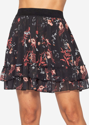 Volants-Rock mit Rüschen und Blumen-Print, schwarz