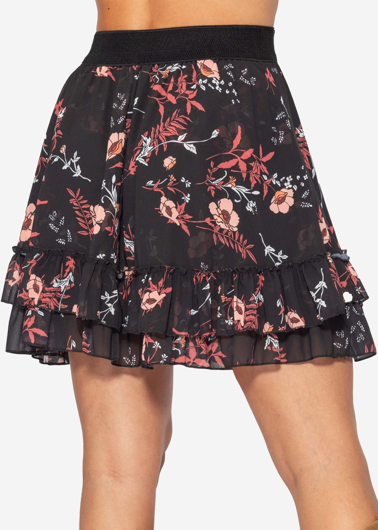 Volants-Rock mit Rüschen und Blumen-Print, schwarz