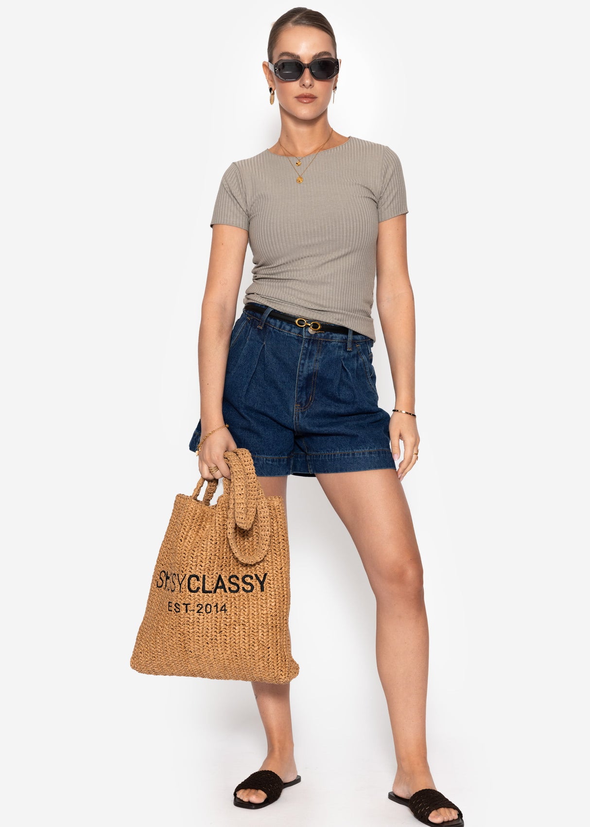 Weite High Waist Jeans Shorts - dunkelblau