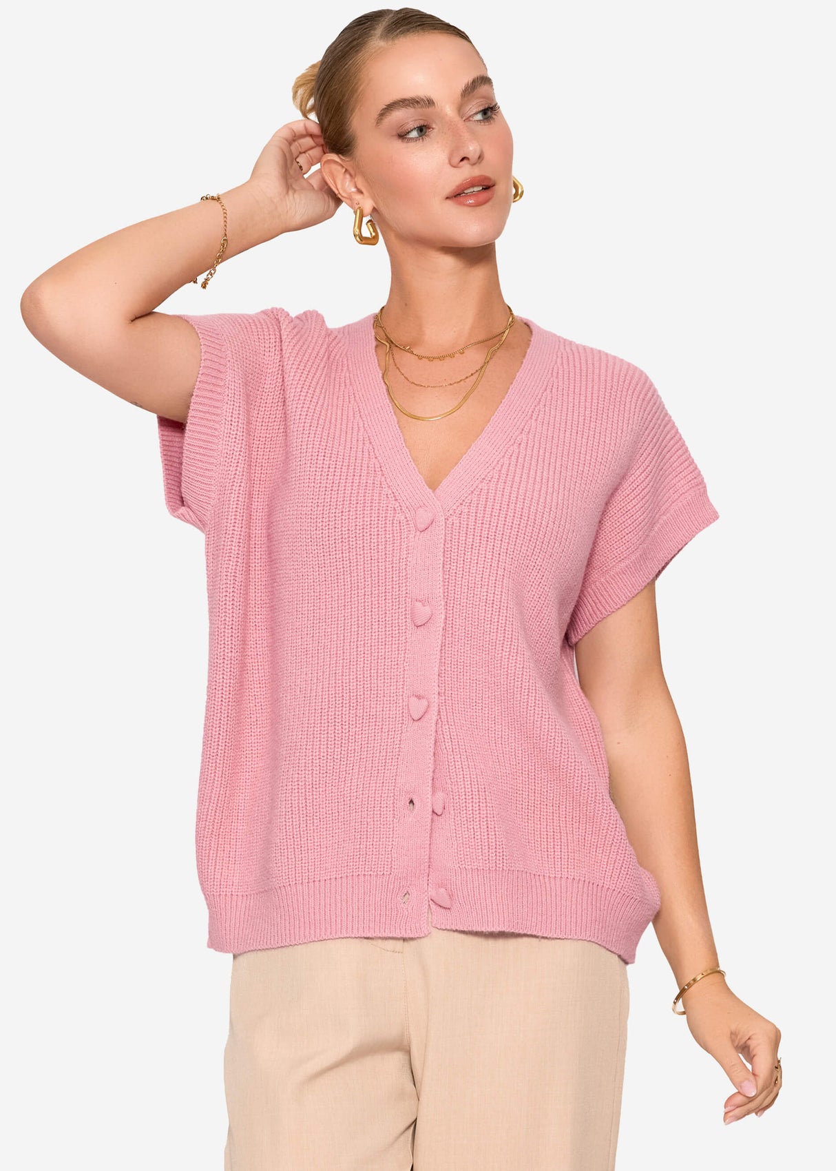 Strickweste mit Herzknöpfen - rosa