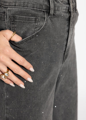 Wide Leg Jeans mit Strasssteinen - dunkelgrau