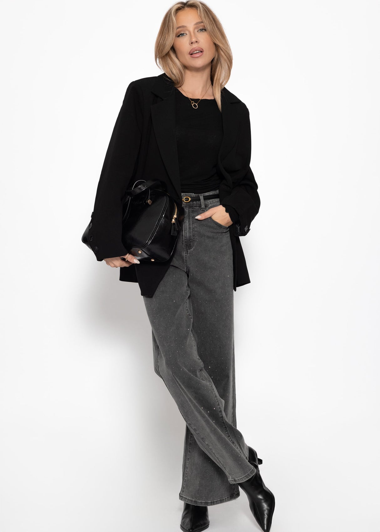 Wide Leg Jeans mit Strasssteinen - dunkelgrau