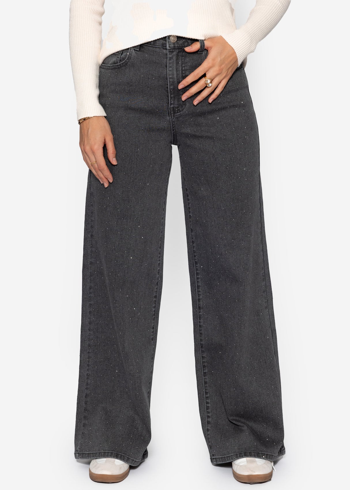 Wide Leg Jeans mit Strasssteinen - dunkelgrau