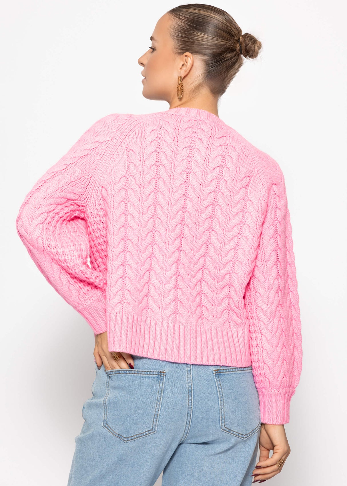 Zopfstrick-Cardigan mit Rundhalsausschnitt - pink