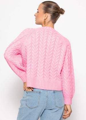 Zopfstrick-Cardigan mit Rundhalsausschnitt - pink