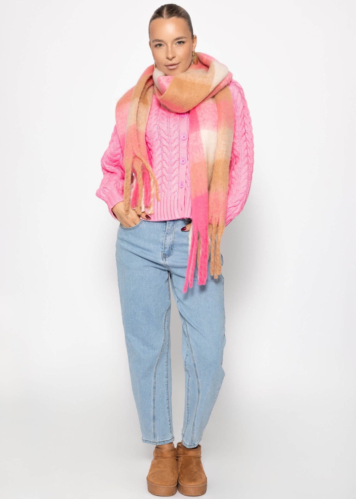 Zopfstrick-Cardigan mit Rundhalsausschnitt - pink