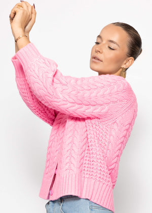 Zopfstrick-Cardigan mit Rundhalsausschnitt - pink