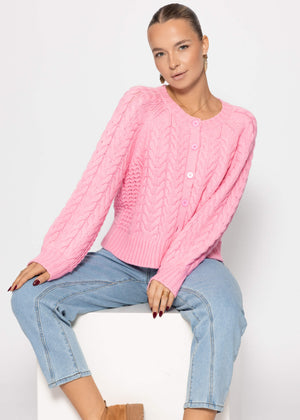 Zopfstrick-Cardigan mit Rundhalsausschnitt - pink