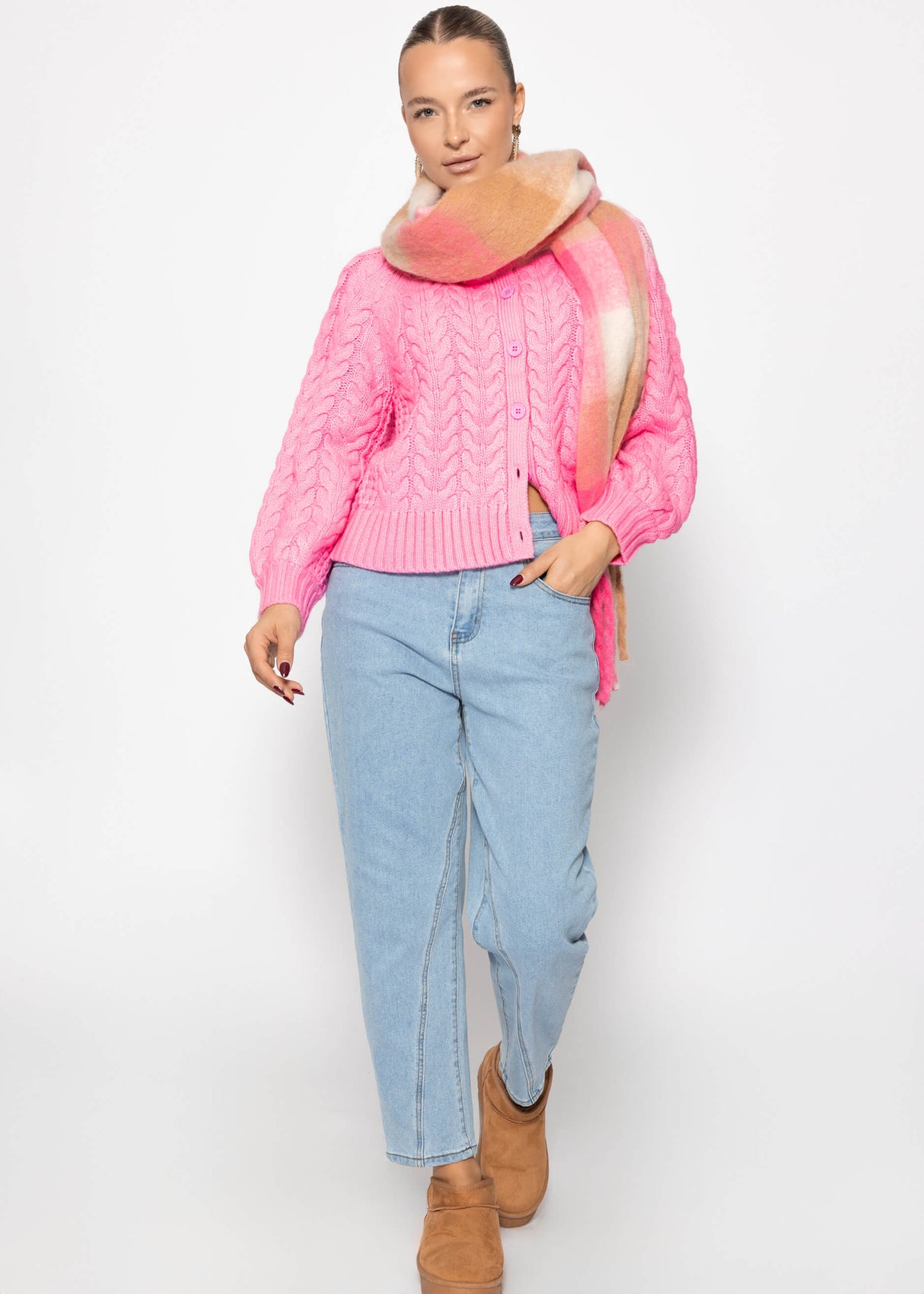 Zopfstrick-Cardigan mit Rundhalsausschnitt - pink