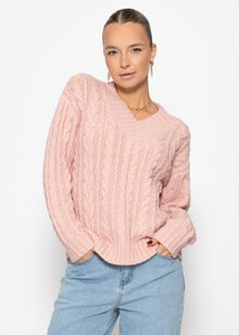 Zopfstrickpullover mit V-Ausschnitt - rosa