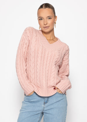 Cold rope sweater with V -neck - pink