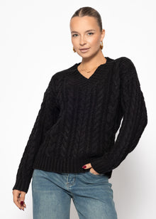 Zopfstrickpullover mit V-Ausschnitt - schwarz
