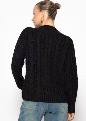 Zopfstrickpullover mit V-Ausschnitt - schwarz