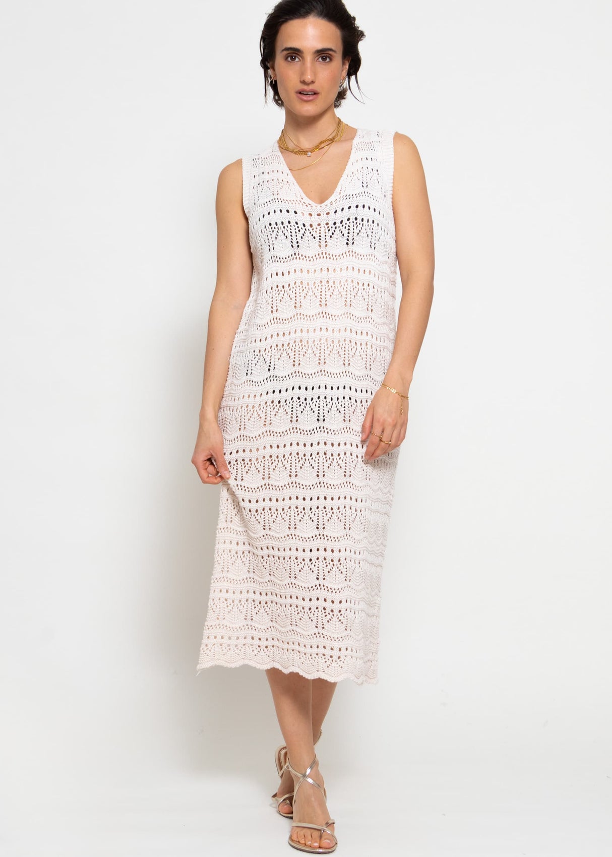 Ärmelloses Strickkleid mit Strukturmuster - hellbeige