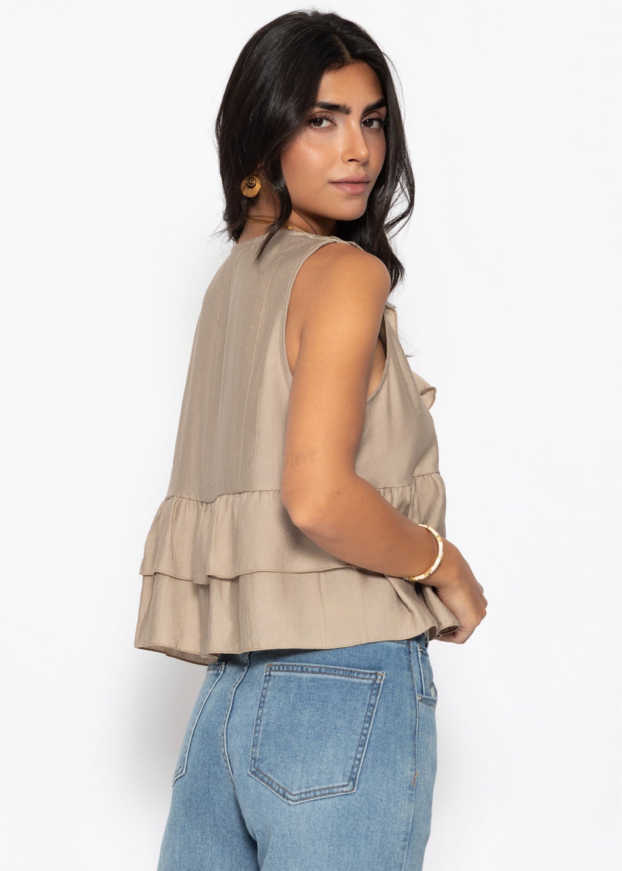 Ärmellose Volant Bluse mit Bindebänder - taupe