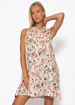Ärmelloses Musselin Kleid mit Volants und floralem Print - beige