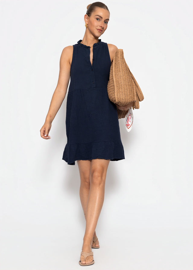 Sleeveless muslin dress with flounces - dark blue