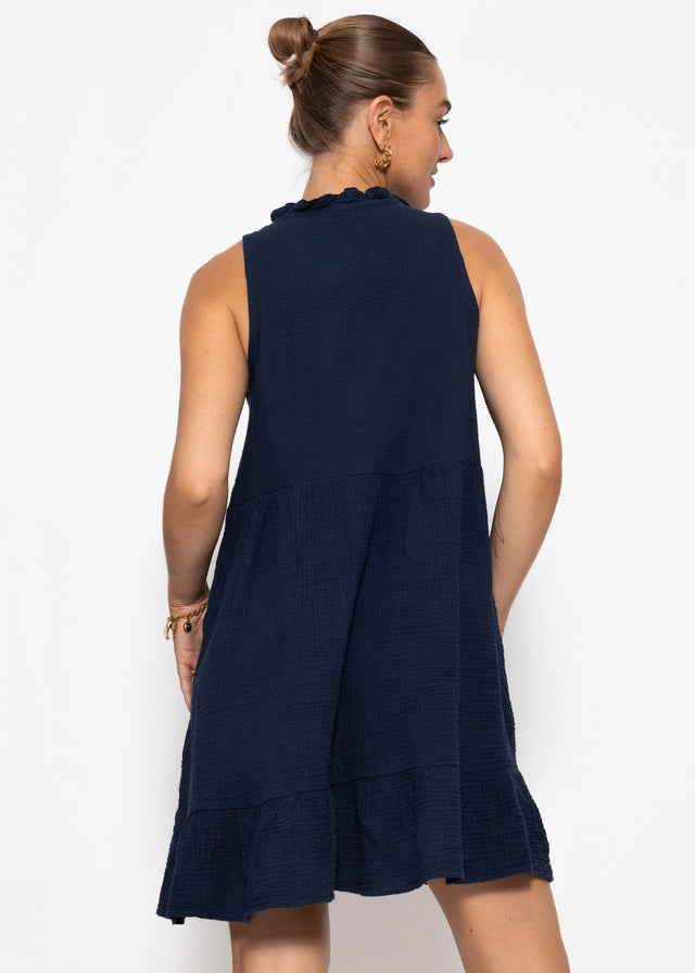 Sleeveless muslin dress with flounces - dark blue
