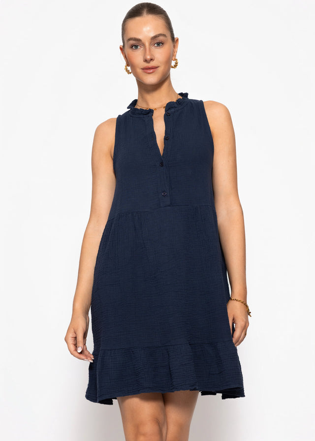 Sleeveless muslin dress with flounces - dark blue