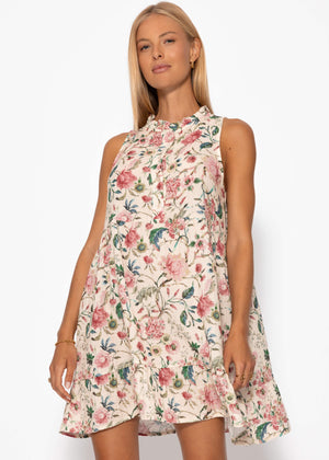 Ärmelloses Musselin Kleid mit Volants und floralem Print - beige