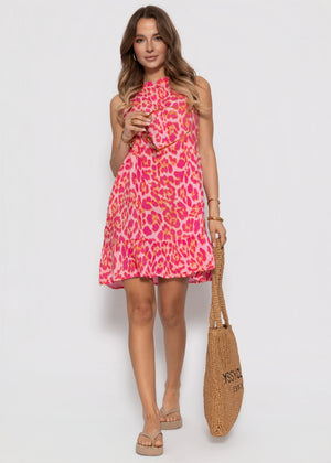 Ärmelloses Musselin Kleid mit Volants und Leo-Print - pink
