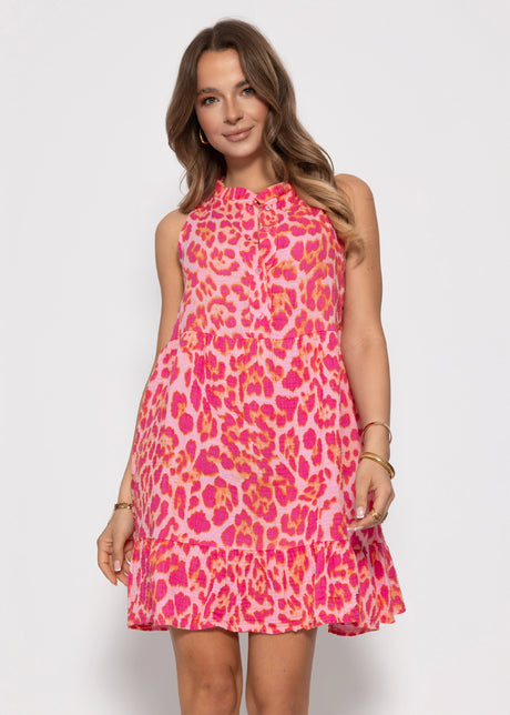 Ärmelloses Musselin Kleid mit Volants und Leo-Print - pink by SASSYCLASSY