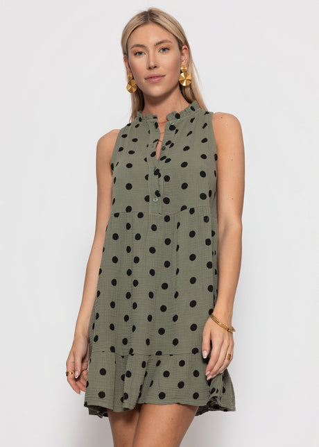 Ärmelloses Musselin Kleid mit Volants und Punkte Print - khaki by SASSYCLASSY