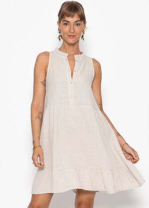 Ärmelloses Musselin Kleid mit Volants - beige