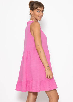 Ärmelloses Musselin Kleid mit Volants - pink