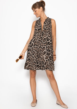 Ärmelloses Musselin Kleid mit Volants und Leo-Print - grau