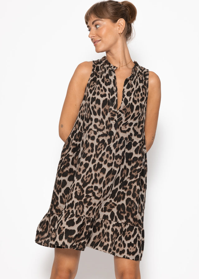 Sleeveless muslin dress with flounces and leopard print - grey