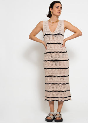 Ärmelloses Strickkleid mit Strukturmuster - beige-schwarz