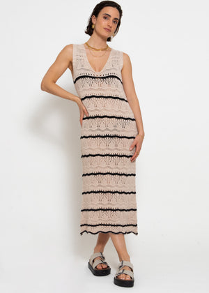 Ärmelloses Strickkleid mit Strukturmuster - beige-schwarz