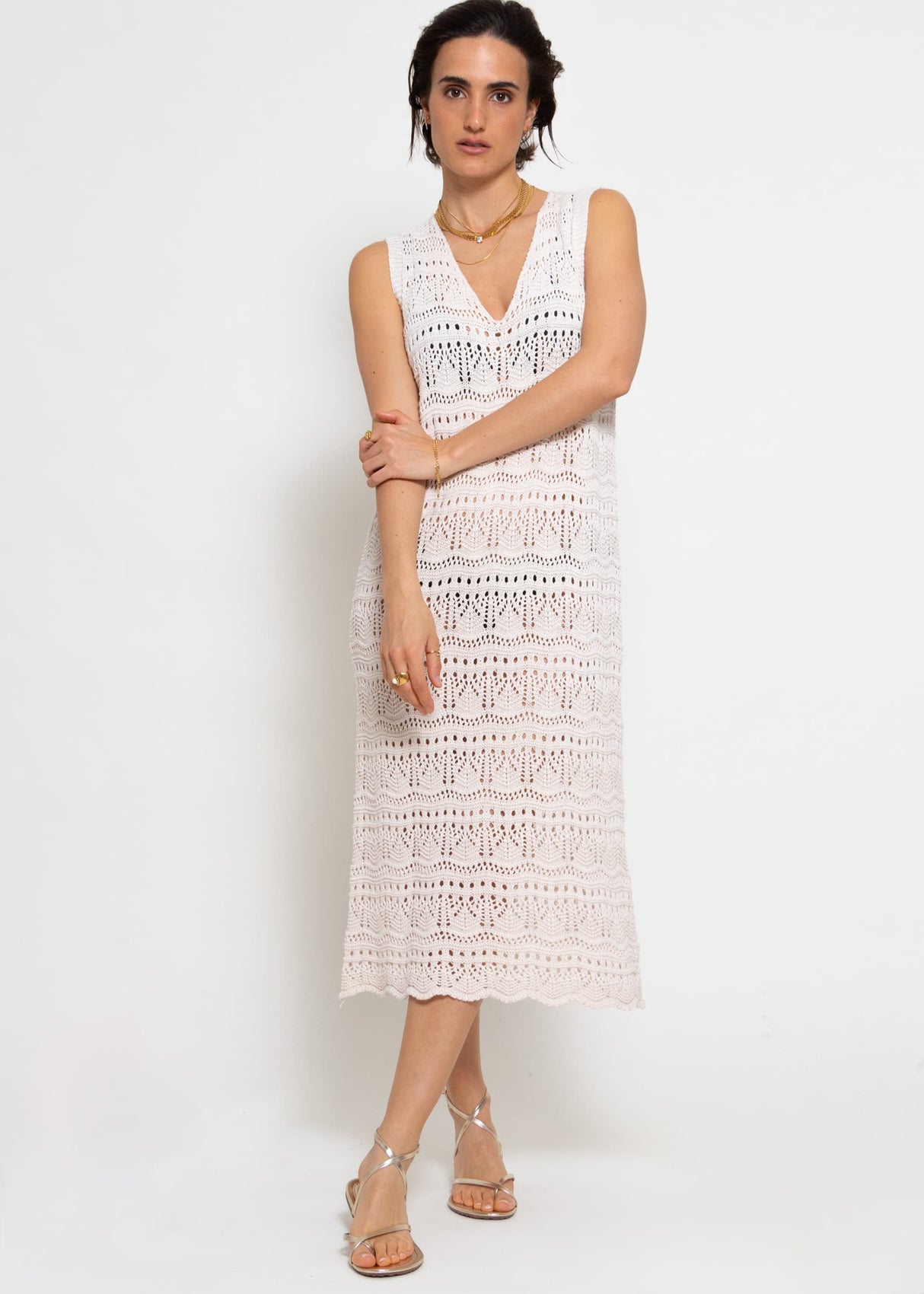 Ärmelloses Strickkleid mit Strukturmuster - hellbeige
