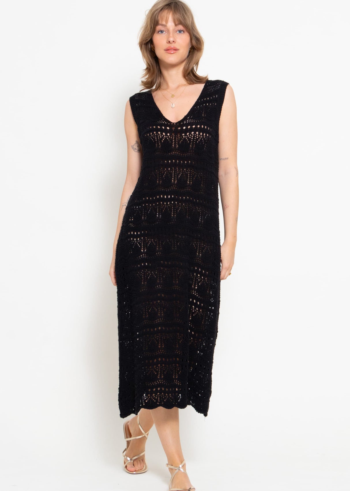 Ärmelloses Strickkleid mit Strukturmuster - schwarz